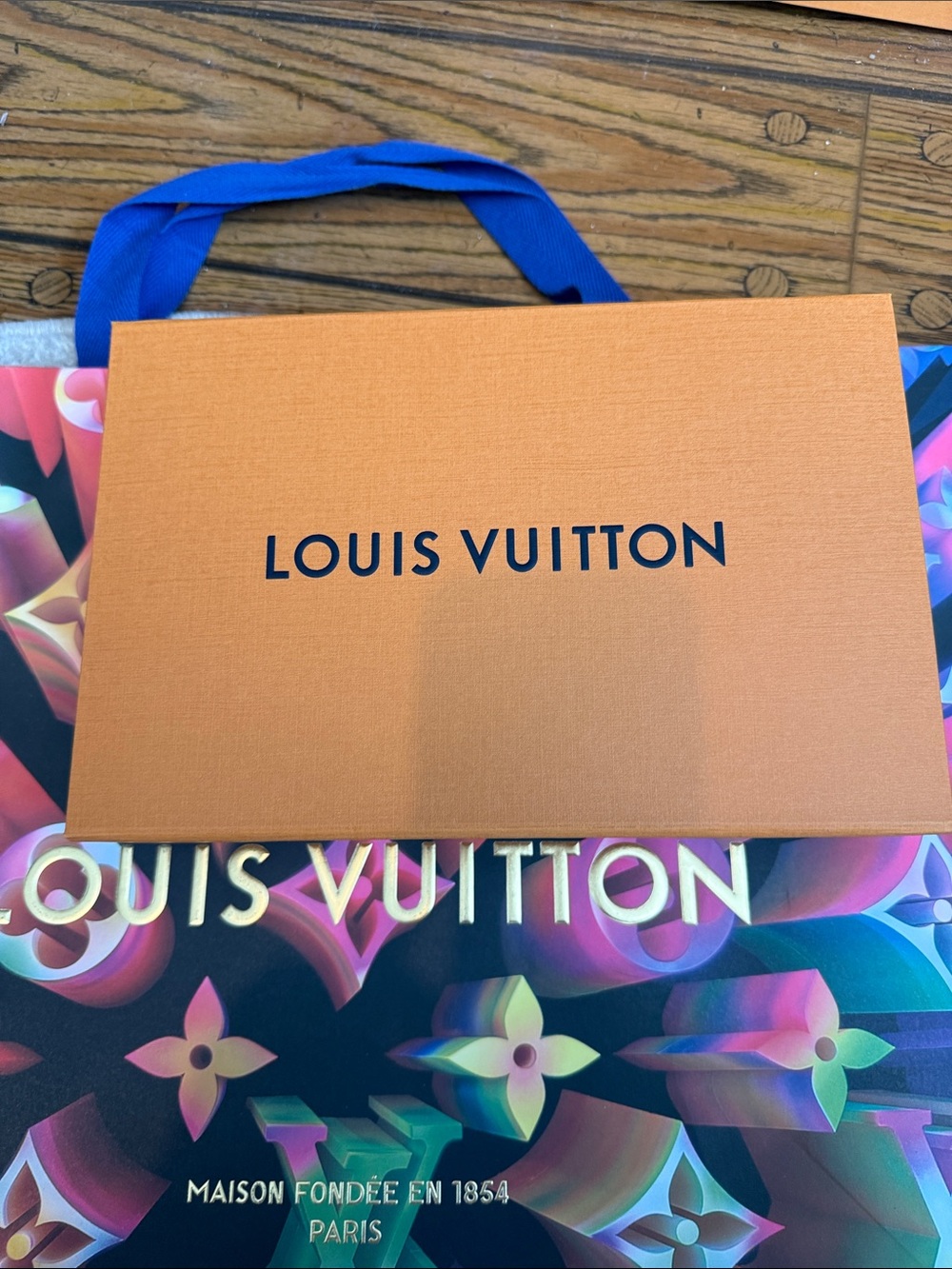 Louis Vuitton Orange Gift Box Tote with Blue Handles